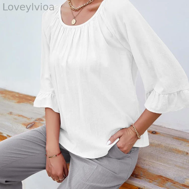 Solid Color Cotton And Linen Ruffled Crew Neck T-Shirt