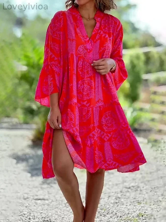 Printed V-Neck Flared Sleeve Patchwork Dress