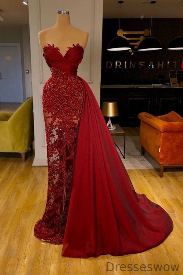Dresseswow Sweetheart Burgundy Mermaid Prom Dress Mermaid Long With Ruffle