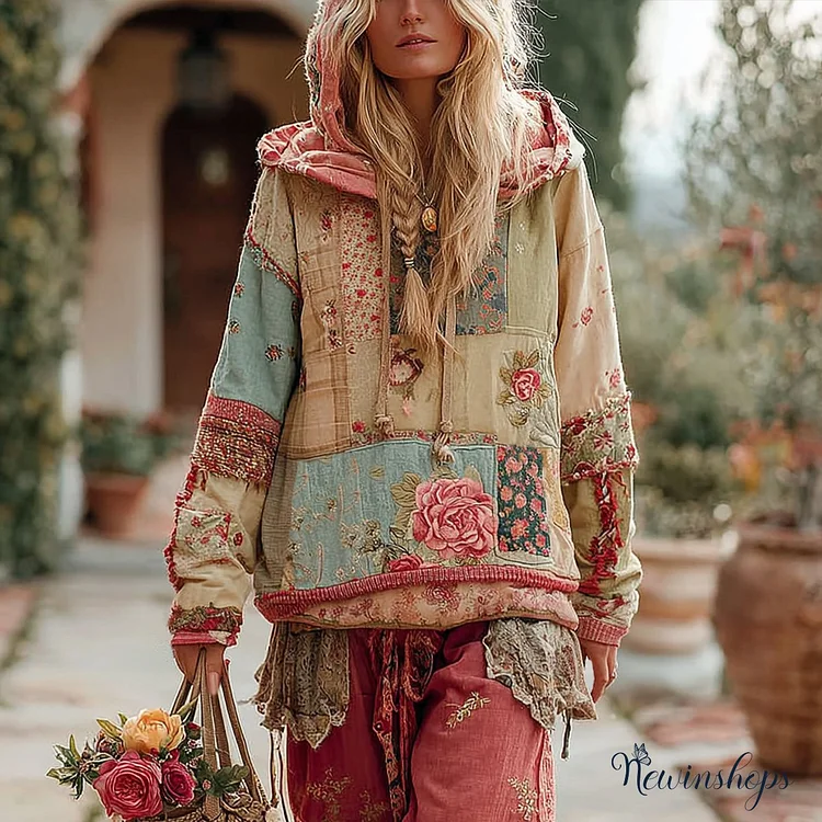 Women's Vintage Floral Patchwork Print Casual Hoodie