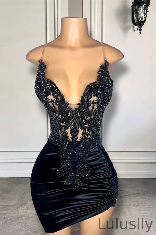 Luluslly Black Spaghetti-Straps Sleeveless Short Prom Dresses With Beadings