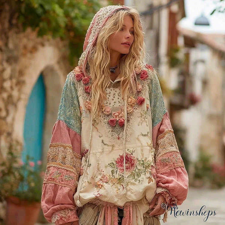 Love & Health Collection Classic Floral Patchwork Art Linen Long Sleeve Hoodie