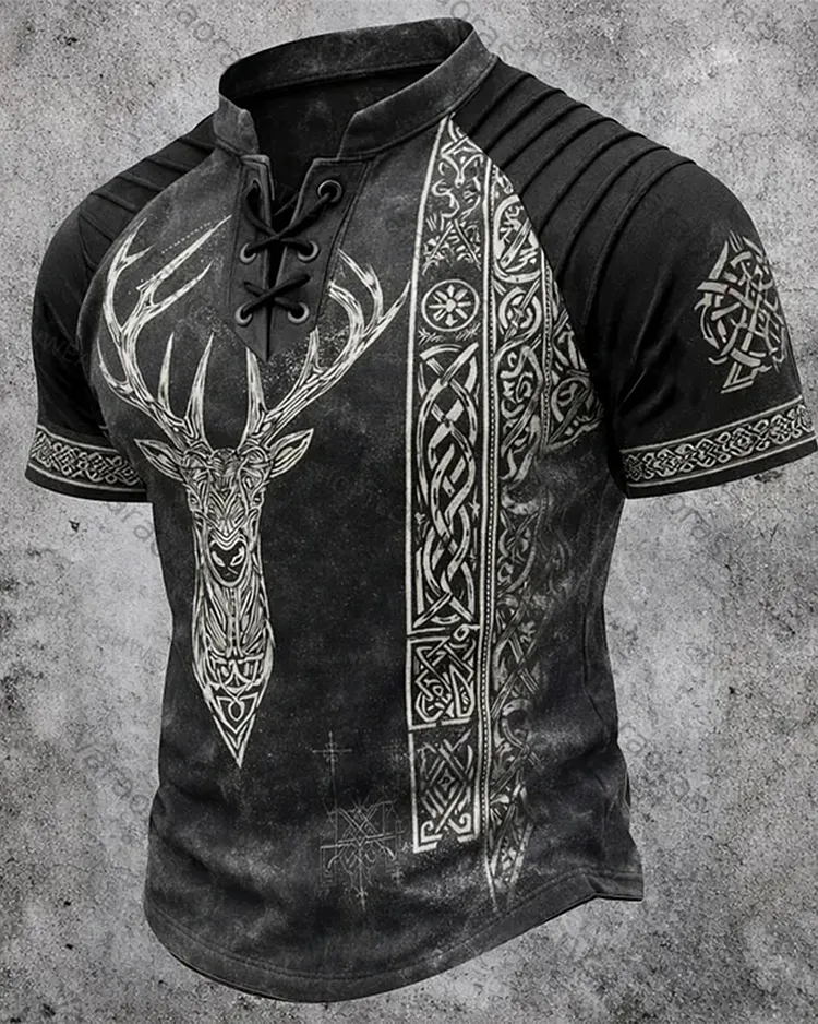 Men's Viking Deer Head Print Short-Sleeve Henley T-Shirt 1089