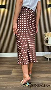Rhea Brown Polka Dot Satin Midi Skirt