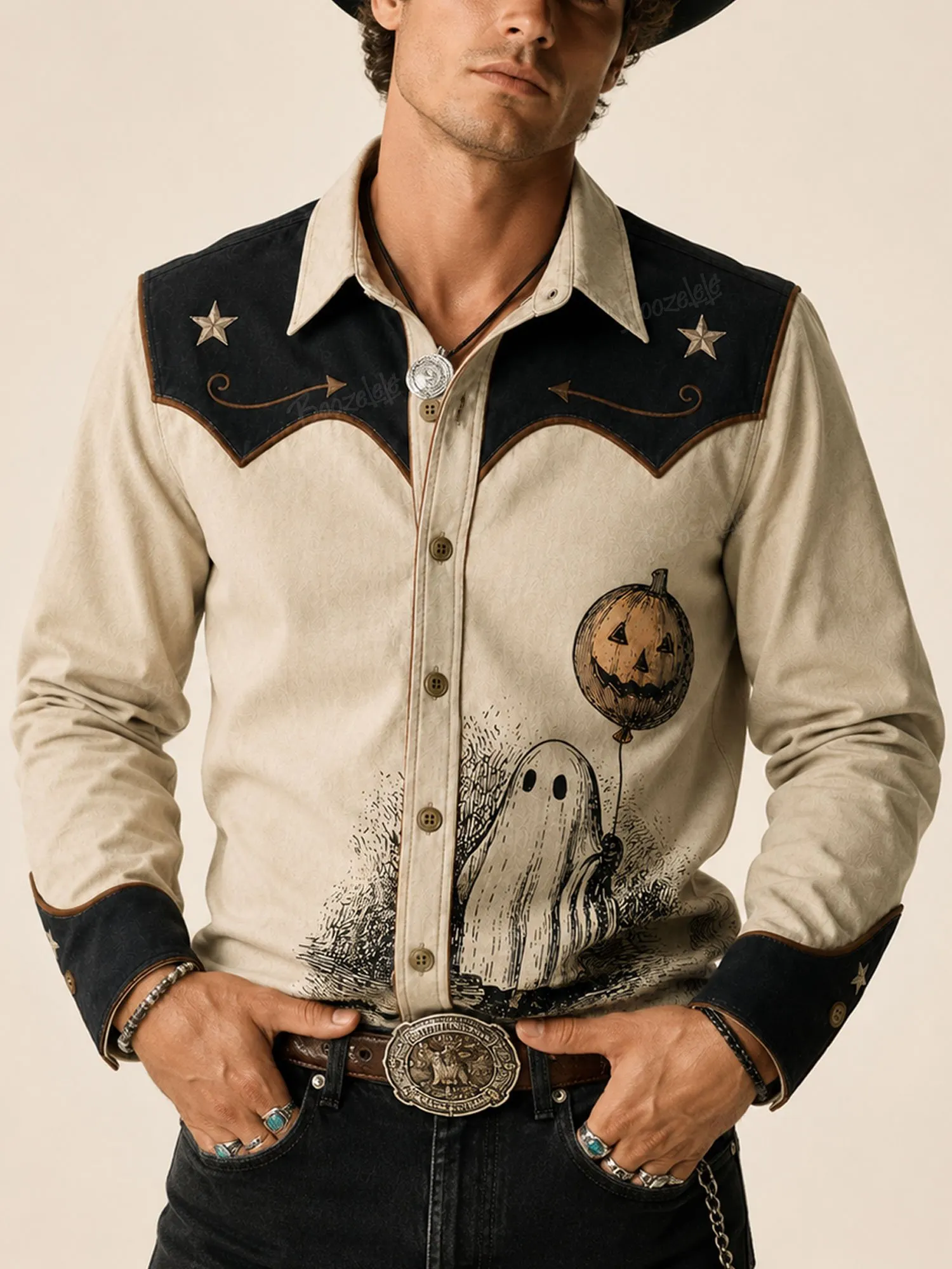 Perfect for Halloween Theme Parties &mdash; Beige and Black Colorblock Cotton Men's Long Sleeve Shirt-100% Cotton