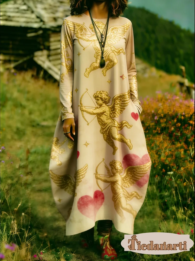 Women's Floral Print Crew Neck Long Sleeve Cotton Pocket Dress