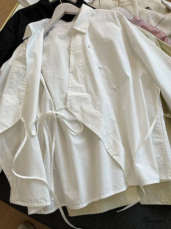 Loose Long Sleeves Frenum Solid Color Lapel Blouses | IFYHOME