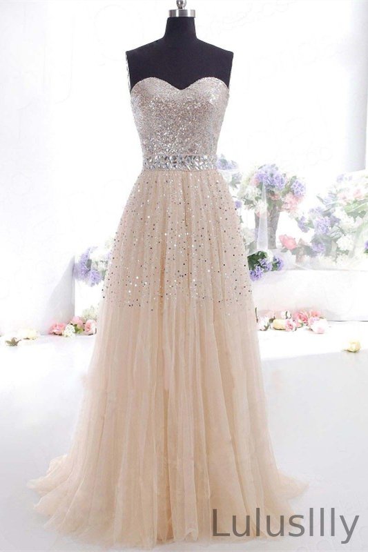 Stunning Sweetheart Sequins Prom Dress Long Tulle Party Gowns - lulusllly