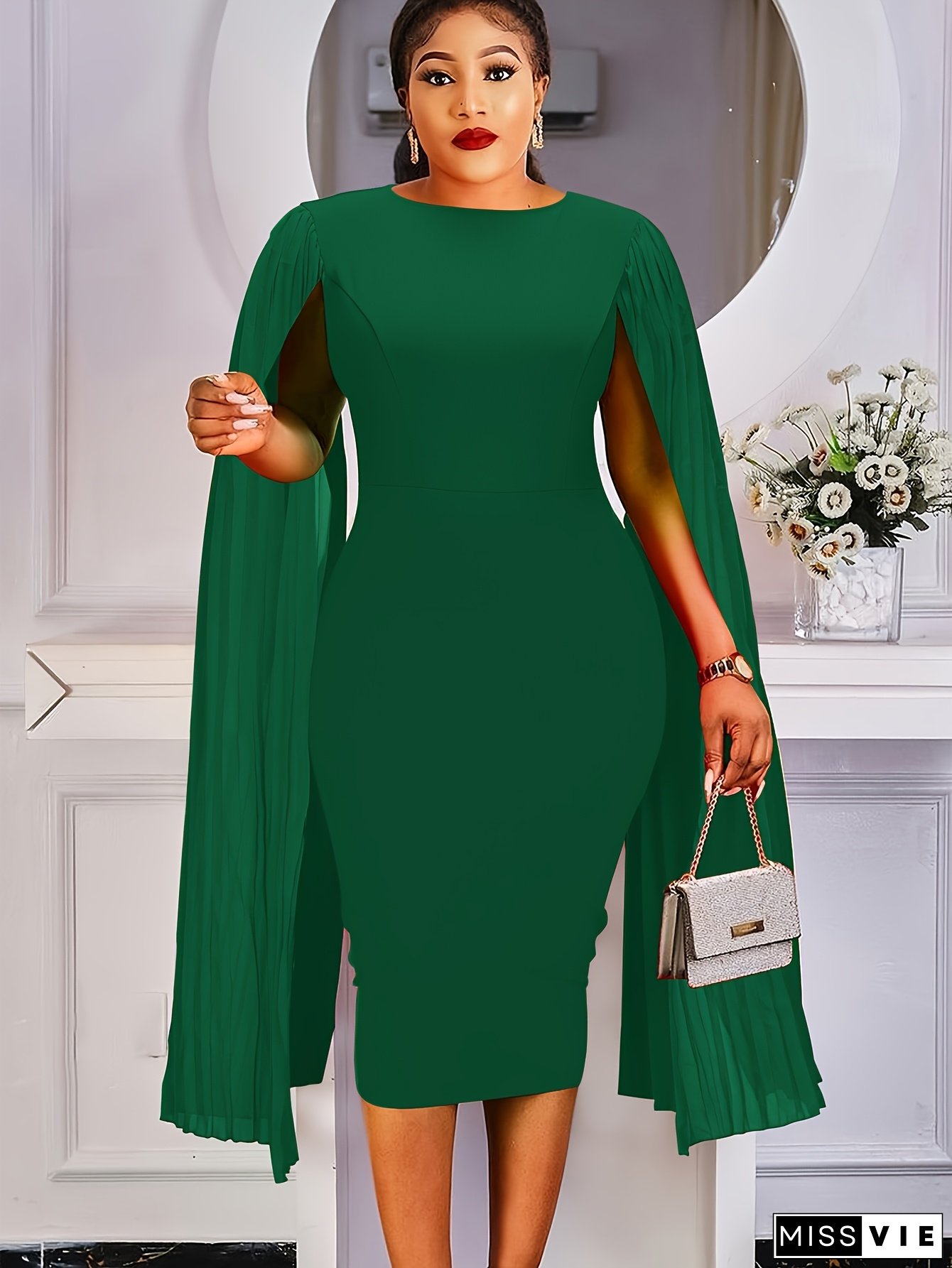Plus Size - Plus Size - Elegant Green Midi Dress For Women - Sleeveless, Ruched Design, High-Low Hem, Round Neck, Stretchy Fabric, Perfect For Spring/Summer/Fall, Casual To Formal Wear, Casual Formal Dress | Sleeveless Fashion | Ruched Texture