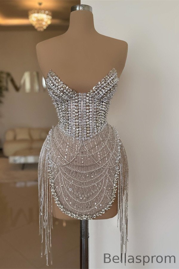 Bellasprom Luxury Short Evening Gown Sweetheart Beadings Tassels With Pearls Bellasprom