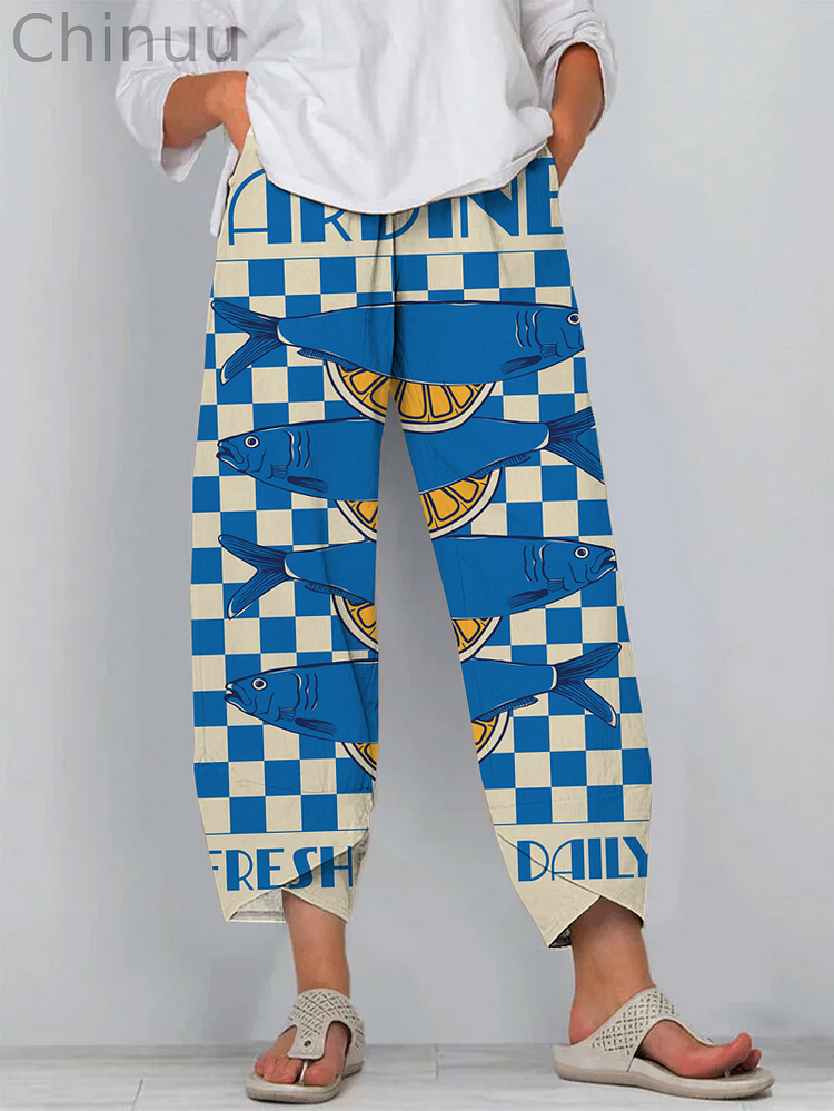 Japanese Blue Sardines Art Print Cropped Pants