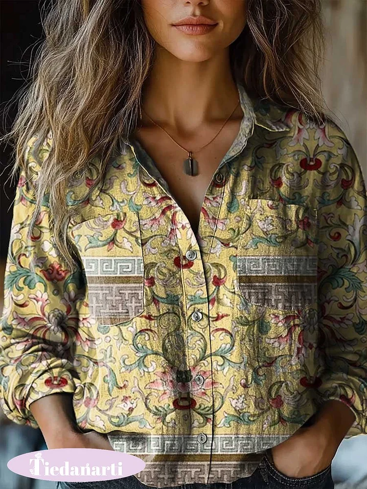 Women's Vintage Floral Art Print Casual Long Sleeve Comfortable Cotton Shirt