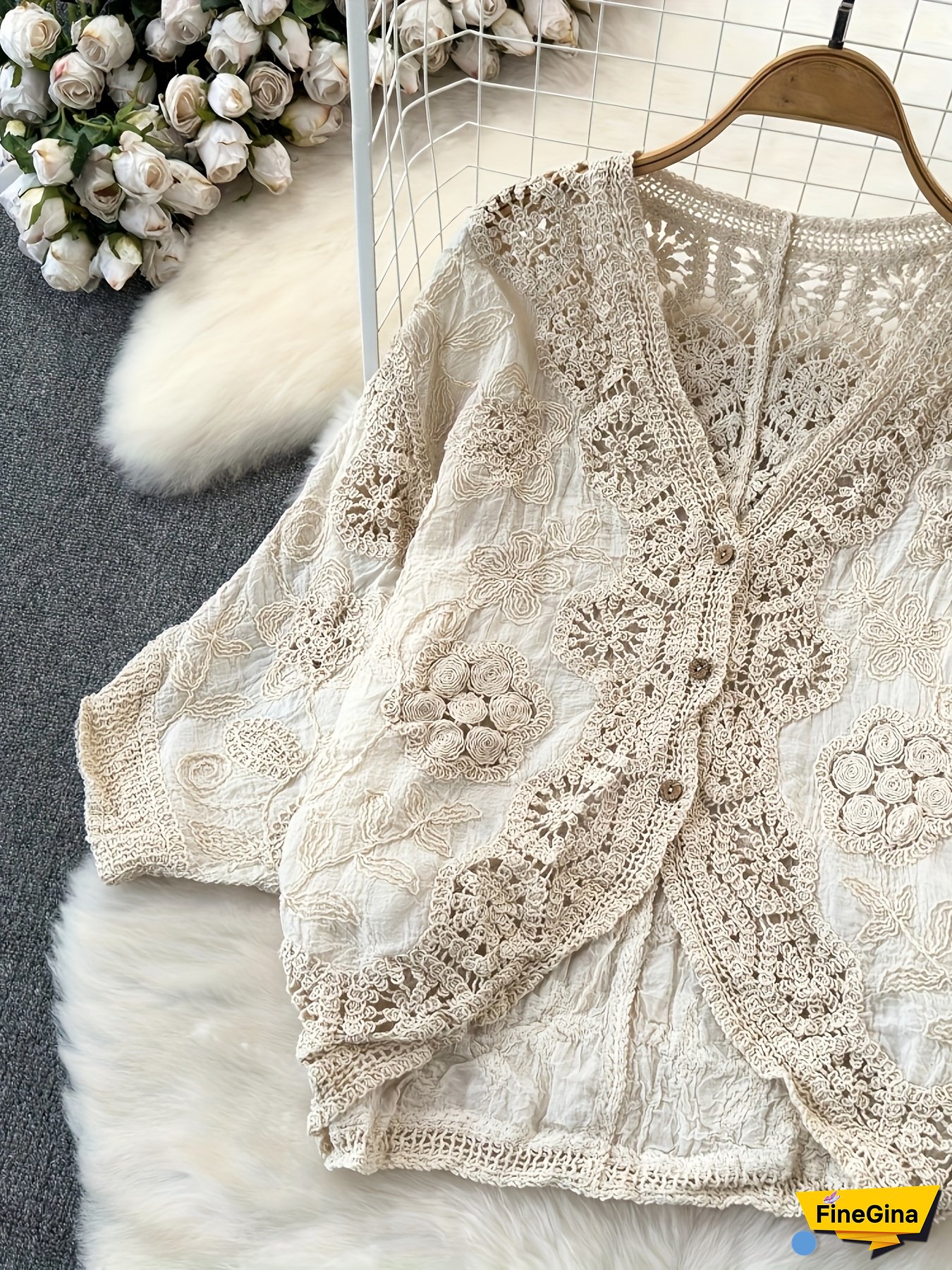 Chic V-Neck Lace Cardigan for Women - Sweet Style, Openwork Detail, Perfect for Spring/Summer/Fall