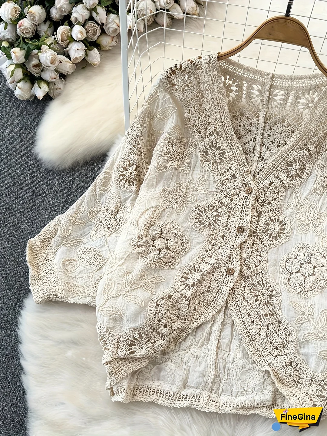 Chic V-Neck Lace Cardigan for Women - Sweet Style, Openwork Detail, Perfect for Spring/Summer/Fall