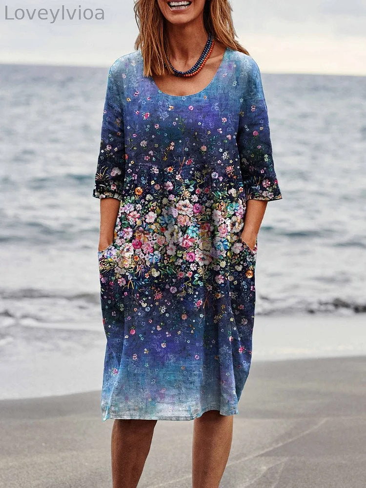 Women's Retro Elegant Flowers Art Print Linen Pocket Tunic Dress