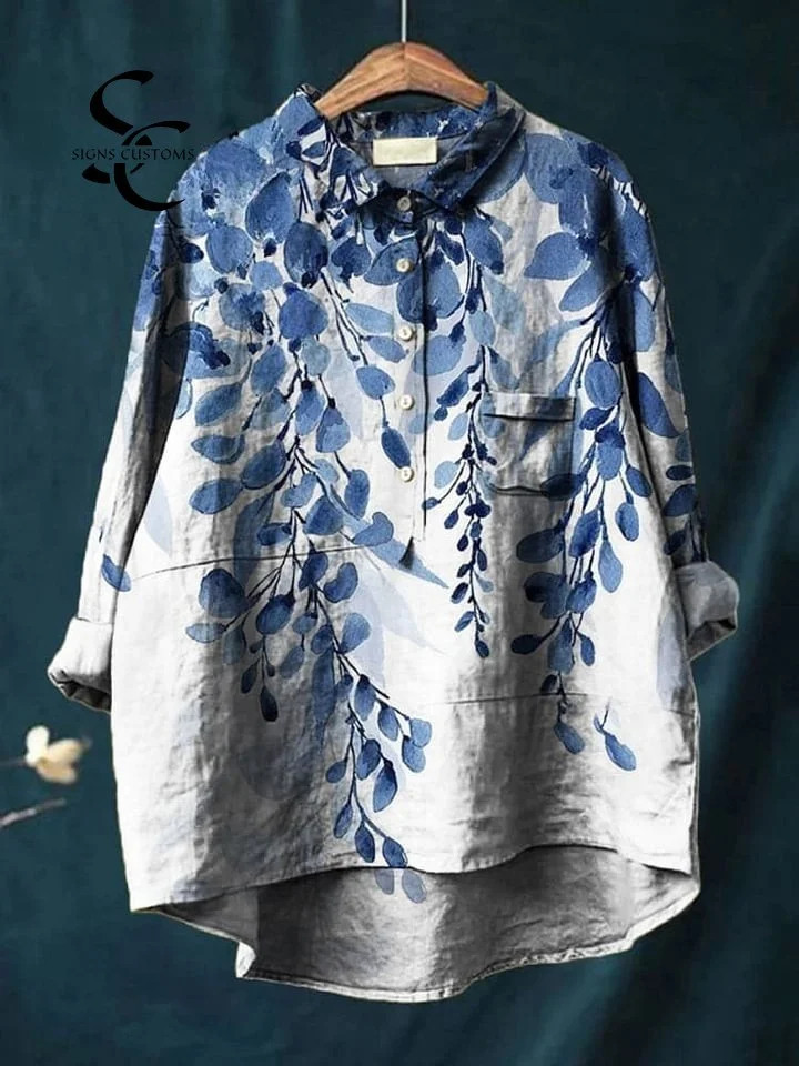 Women's Retro Floral Print Casual Cotton And Linen Shirt