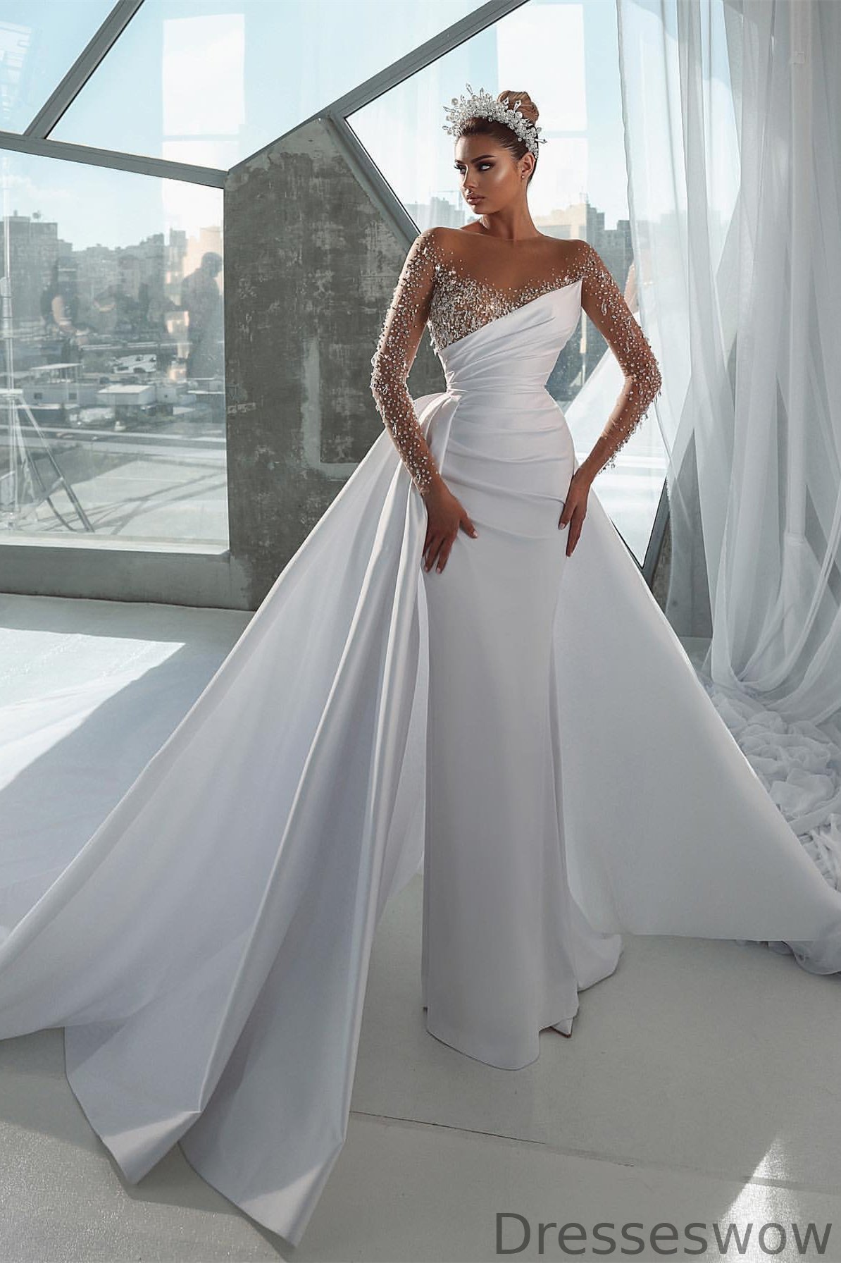 Dresseswow Long Sleeves Mermaid Wedding Dress Overskirt WIth Beadings