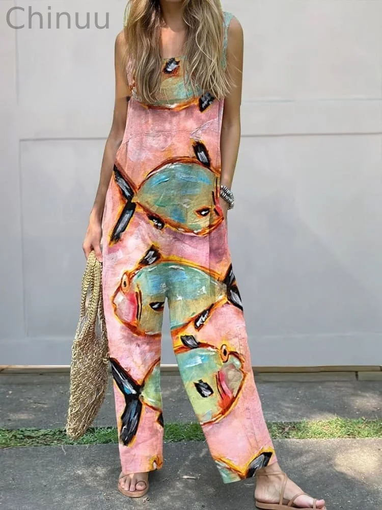Women's Vintage Fish Art Print Casual 100% Cotton Wide Leg Jumpsuit
