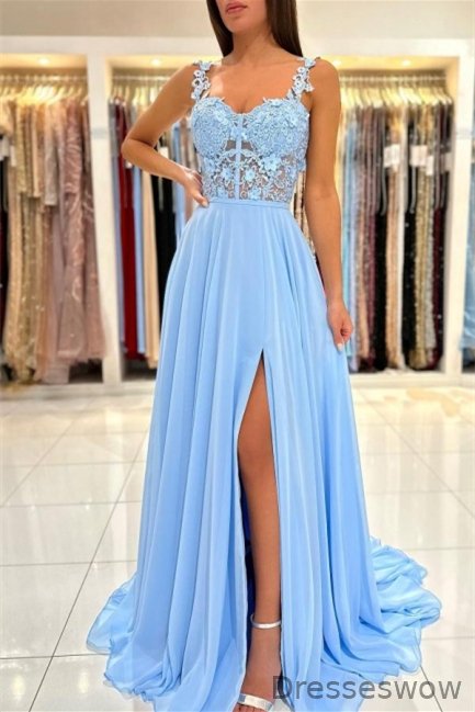 Dresseswow Sky Blue Sleeveless Prom Dress Long Chiffon Slit With Lace Appliques