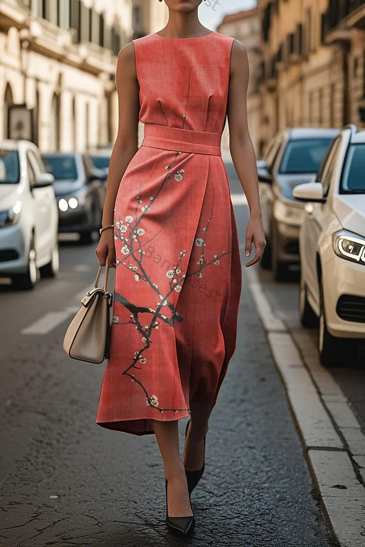 Women's Elegant Printed Sleeveless Midi Dress