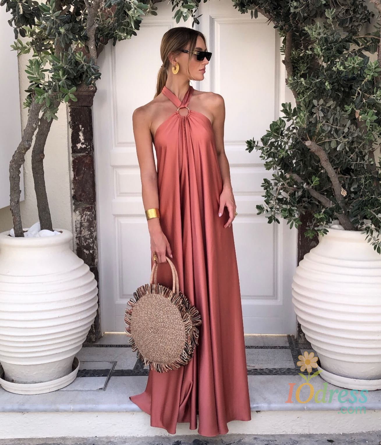 IO Dress Summer Women's Sexy Sleeveless Hanging Neck Hollow Satin Suspender Fashion Lace Up Large Swing Long Backless Dress IO Dress