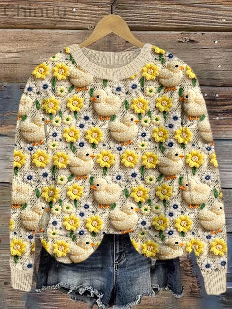 Cute Chicks & Florals Embroidery Art Cozy Knit Sweater