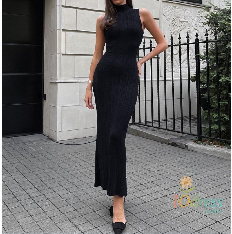 IO Dress Solid Color Stripe Knitted Slim Long Dresses Women Sleeveless Half Turtleneck Package Hip Bodycon Dress Female Commuting Vestido