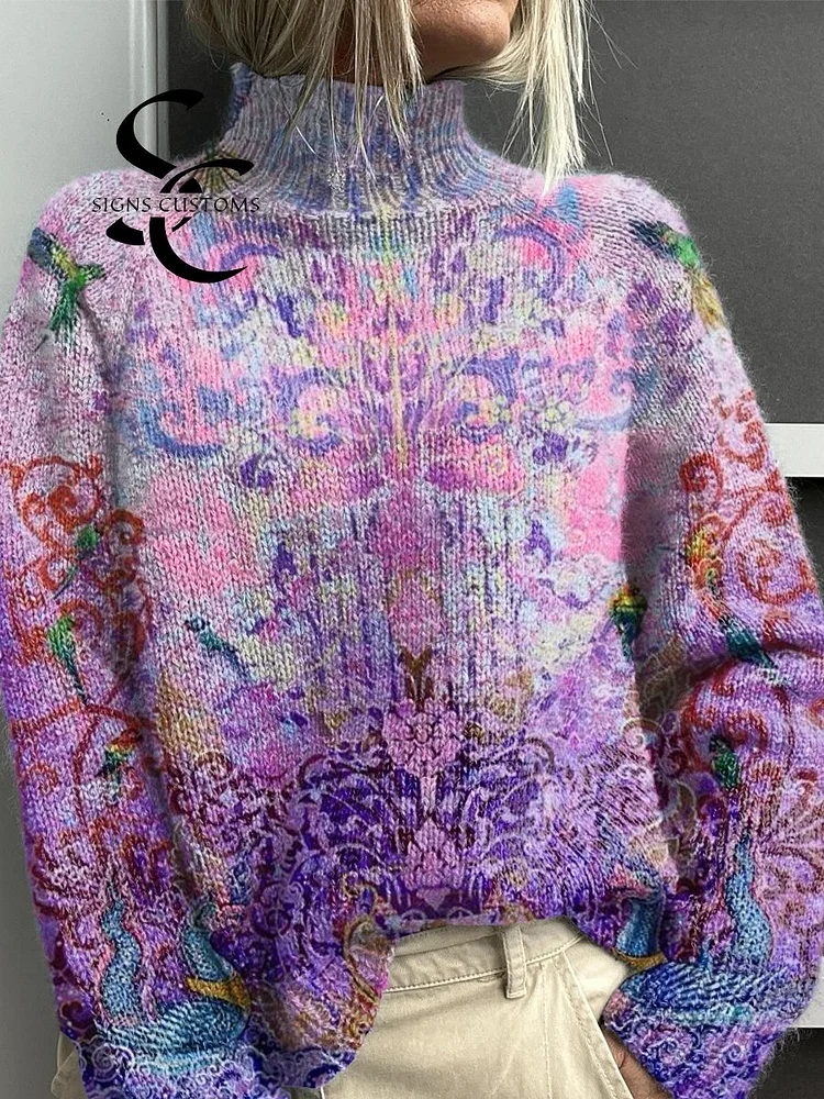 Purple Gradient Pattern Print Knit Turtleneck Pullover Sweater