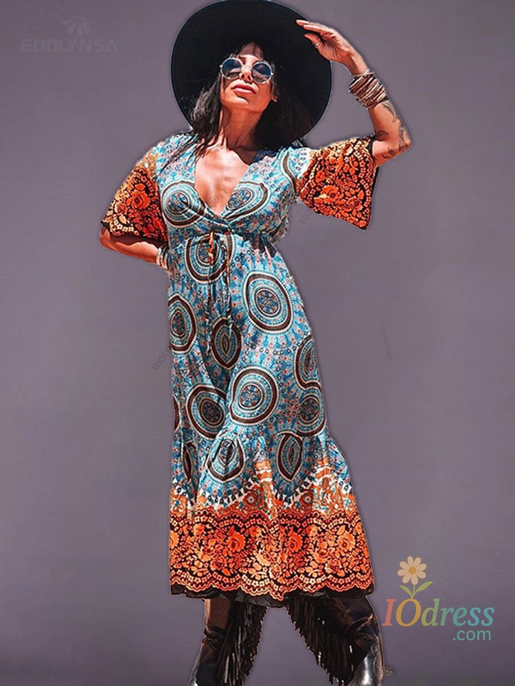 IO Dress 2025 Quick-drying Bohemian Printed Loose Summer Beach Dress Moroccan Kaftan Women Plus Size Beachwear Tassel Midi Dress Q897 IO Dress Store