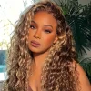 Hightlight Brown Mixed Blonde Brazilian Water Wave Long Hair Curly Wig
