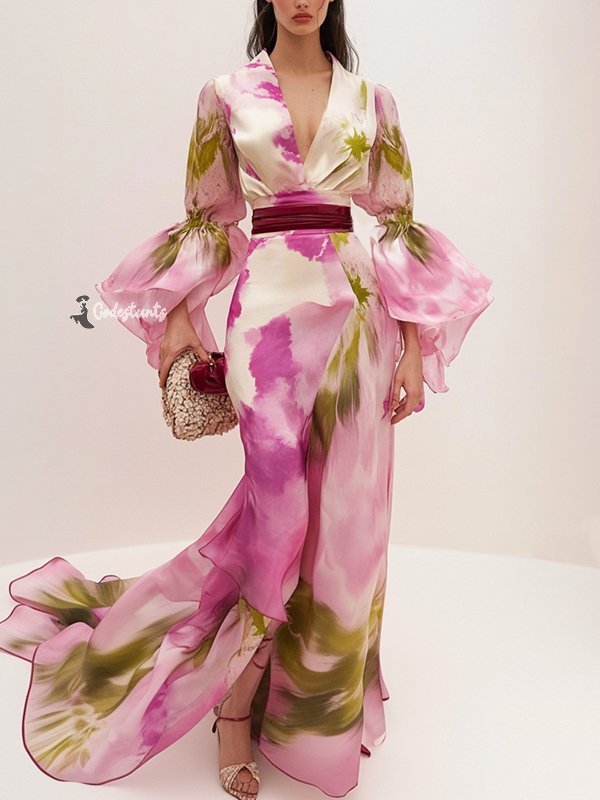 Elegant Ruffle Sleeve Printing V Neck Maxi Dress