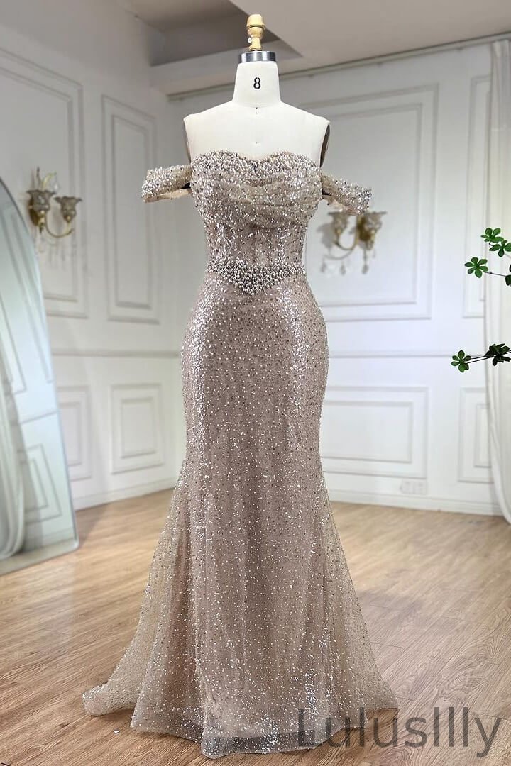 Classic Champagne Sweetheart Off-the-Shoulder Mermaid Evening Gowns With Pearls Beadings - lulusllly