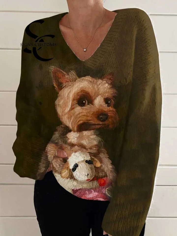 V-Neck Pullover with Adorable Dog Graphics