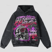 Vintage Flame Abstract Skull Graphic Acid Wash Oversized Hoodie