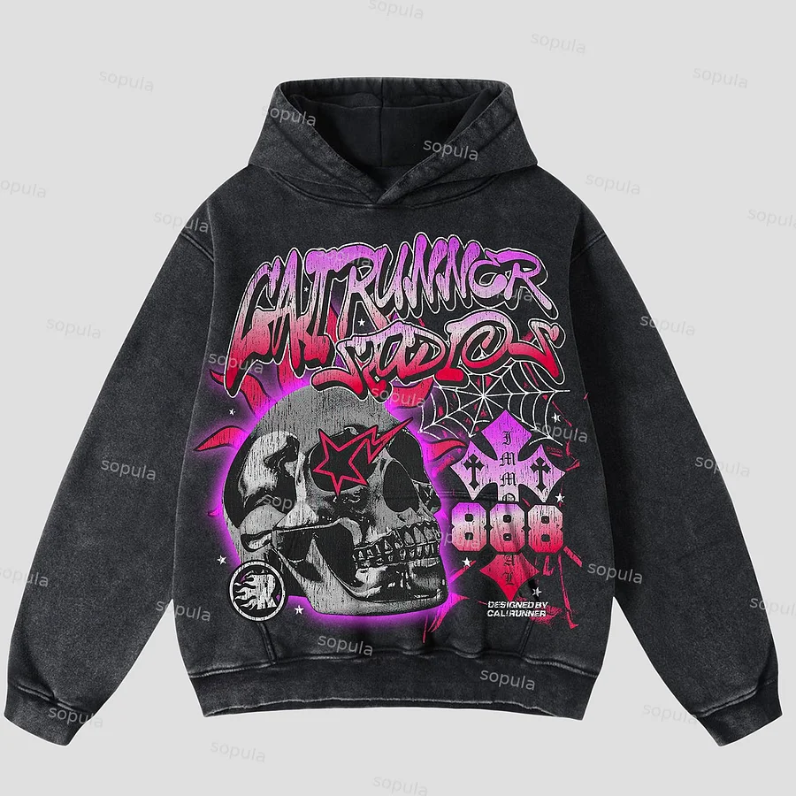 Vintage Flame Abstract Skull Graphic Acid Wash Oversized Hoodie