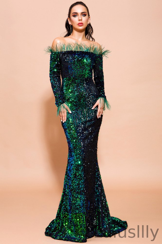 Off-the-Shoulder Long Sleeves Sequins Evening Gowns Mermaid Prom Dress With Feather - lulusllly