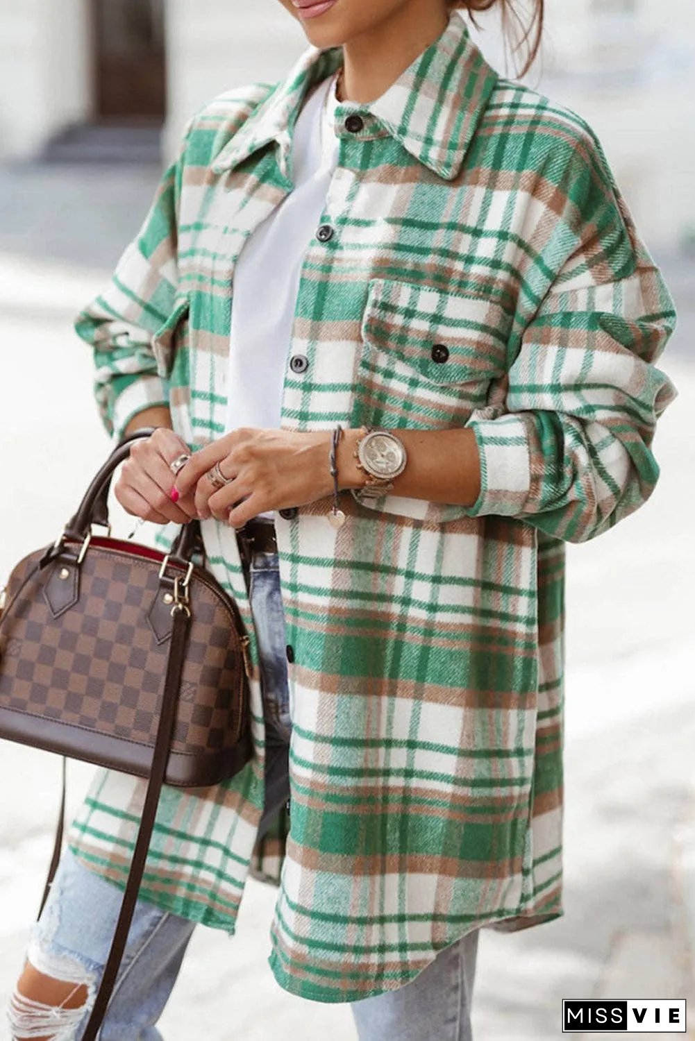Plaid Flap Pocket Buttoned Shacket
