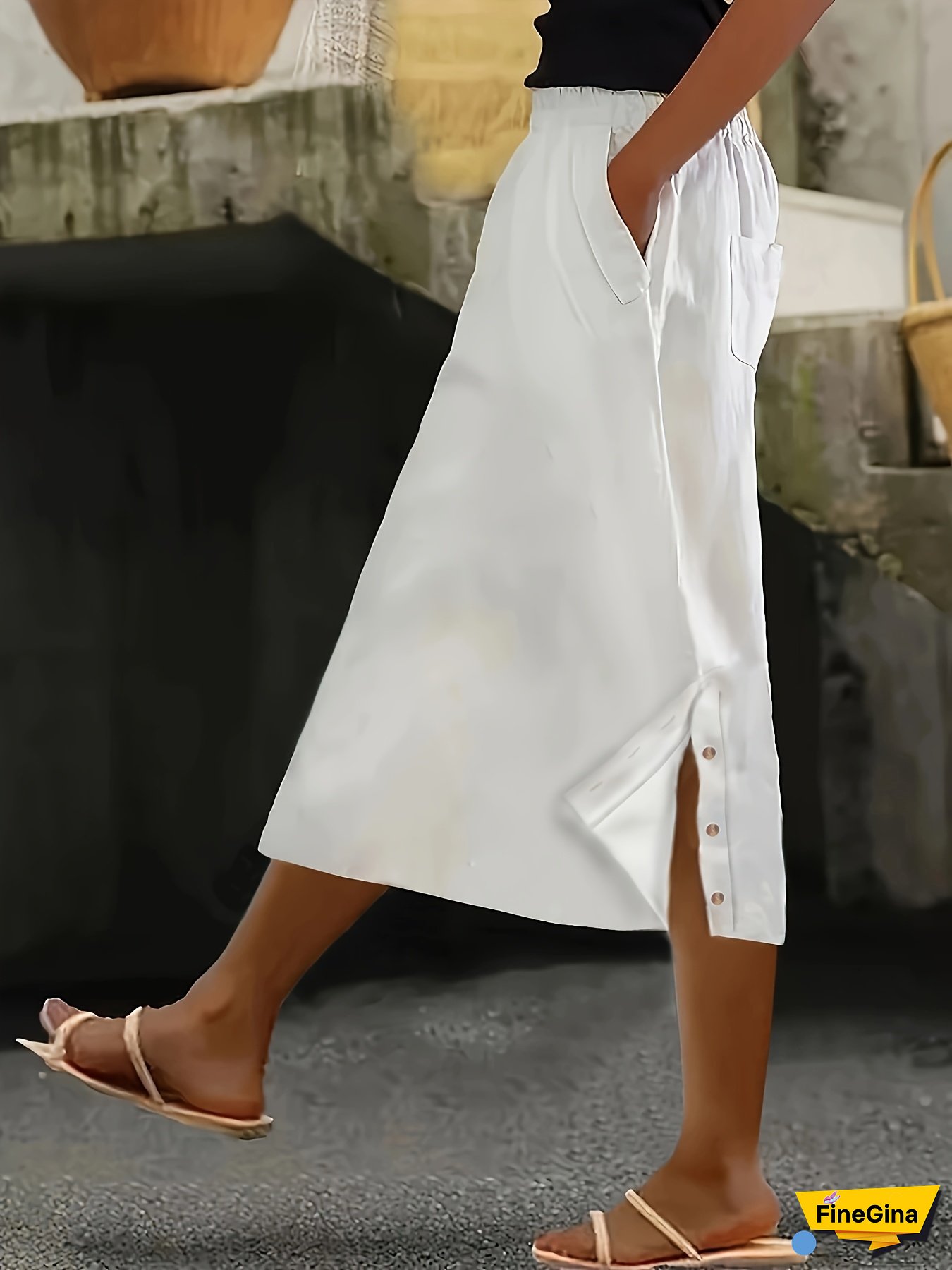 Women‘s A-Line Midi Skirt, Loose Fit with Multiple Pockets, Button Detail & Elastic Waist - Breathable Polyester Blend for Spring/Summer/Fall - Casual Outings & Daily Commut