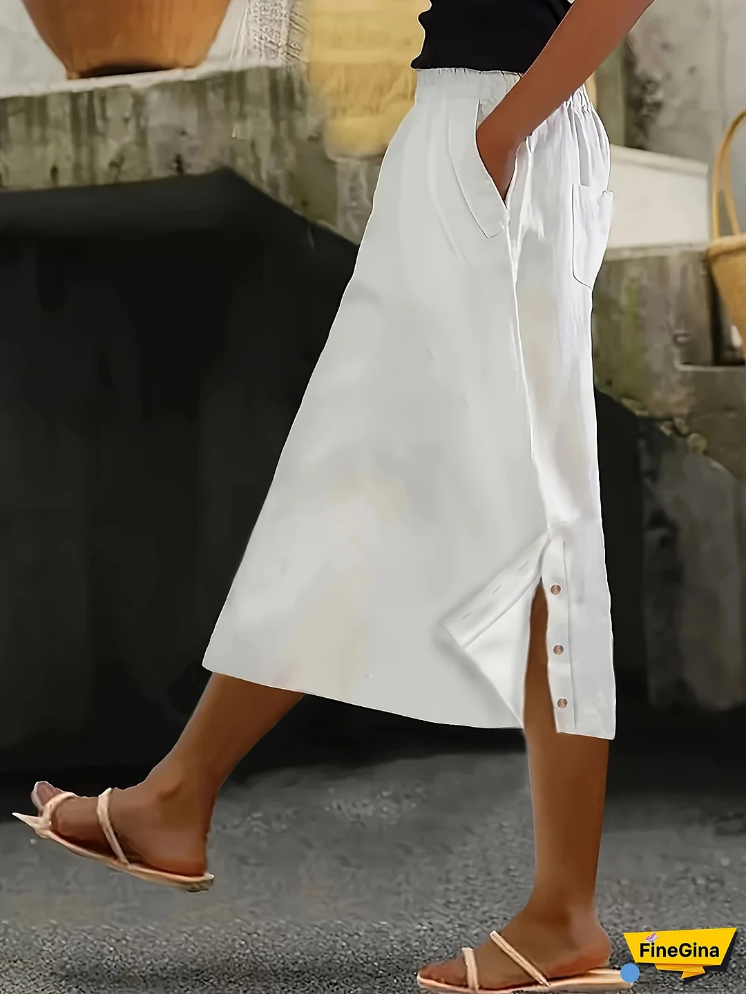 Women‘s A-Line Midi Skirt, Loose Fit with Multiple Pockets, Button Detail & Elastic Waist - Breathable Polyester Blend for Spring/Summer/Fall - Casual Outings & Daily Commut