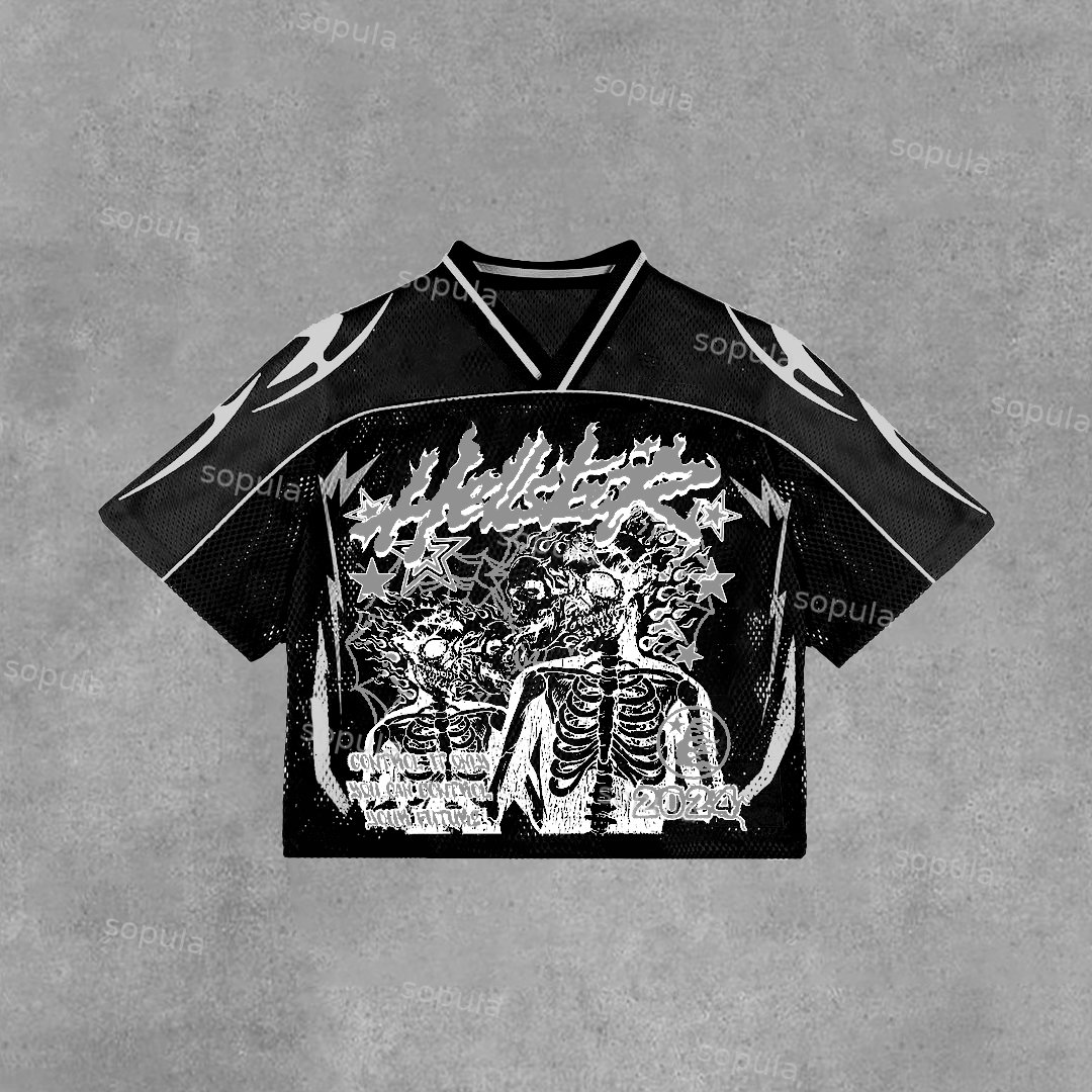 Sopula Vintage Skull In Soul Hell Star Graphic Blokecore Blokette Football V-Neck T-Shirt - Sopula｜Premium Graphic Tees & Graphic Clothing