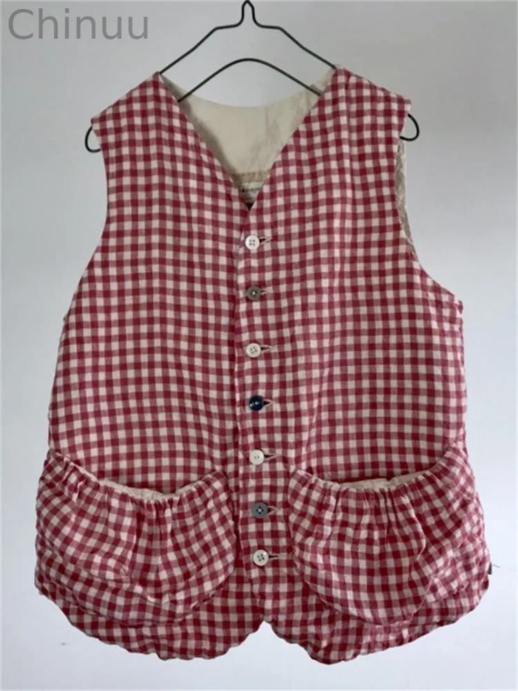 Vintage Check Pleated Pockets Linen Blend Vest