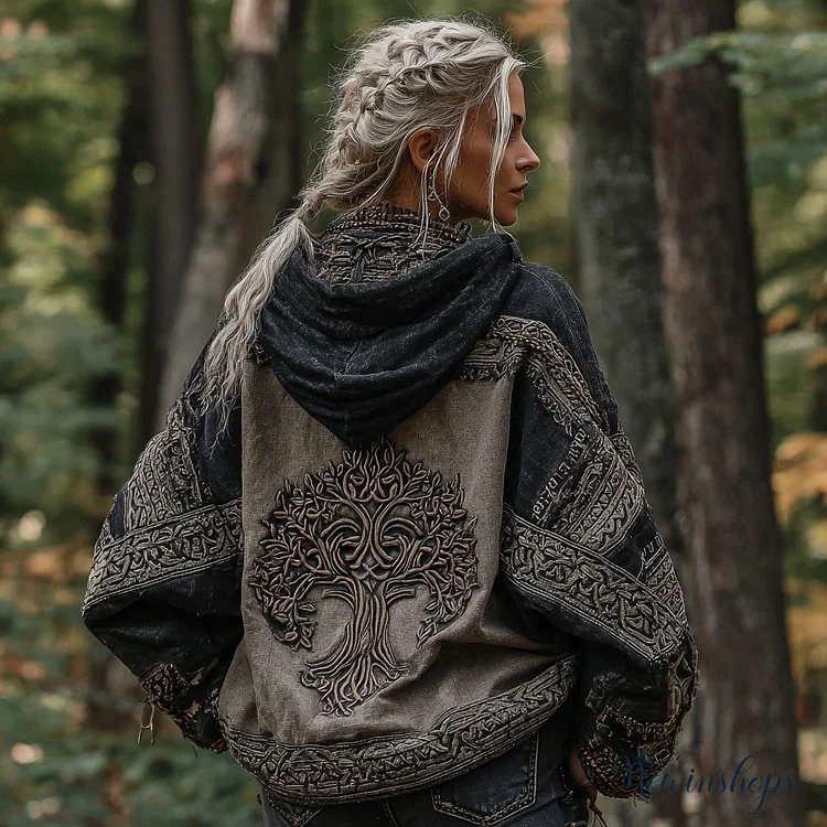 Women's Viking Tree Of Life Cozy Color Block Bohemian Hoodie