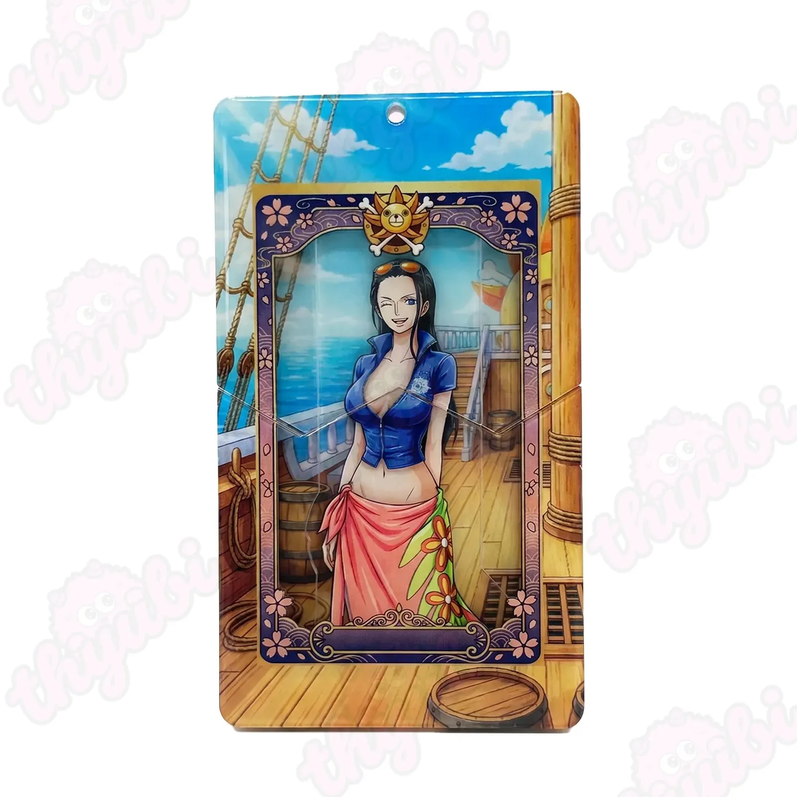 Sliding Pull-Tab Acrylic Keychain & Magnet &ndash; Calm Black-Haired Anime Girl in Blue Crop Top & Pink Sarong, Sunlit Pirate Ship Deck with Ocean View - thyubioffcial