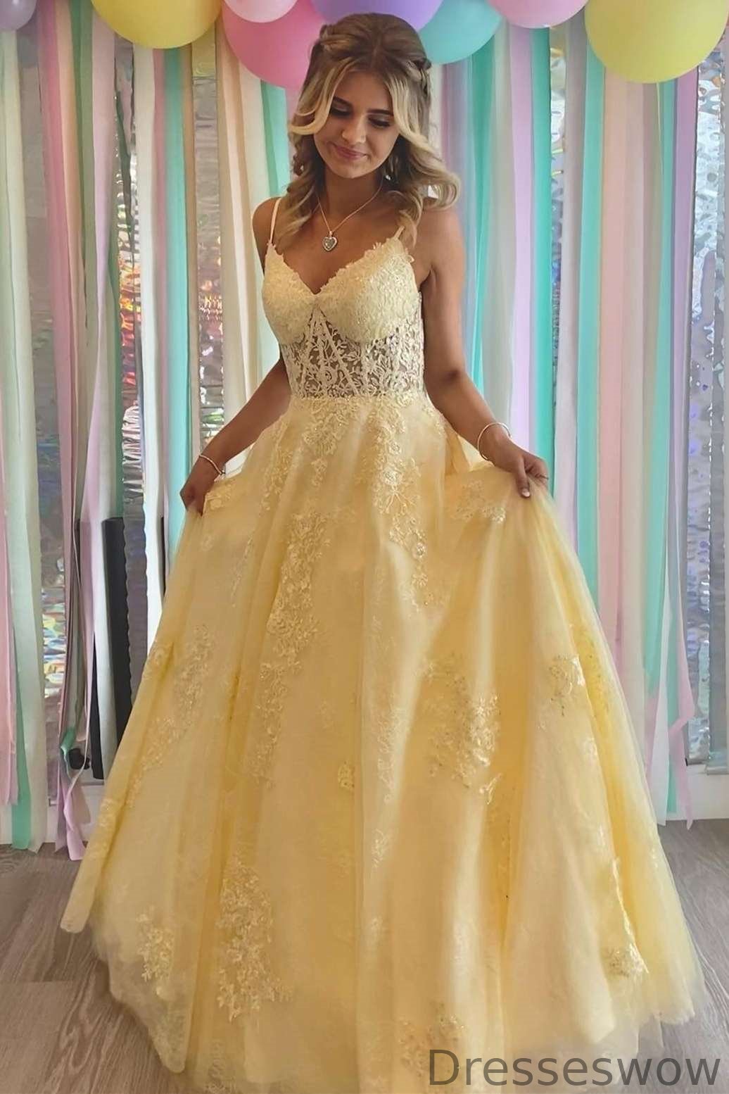 Dresseswow Daffodil Spaghetti-Straps Sleeveless Prom Dress Long With Appliques