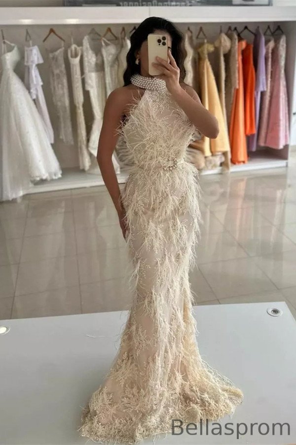 Bellasprom High Neck Sleeveless Prom Dress Mermaid Long With Feather Pearls Bellasprom