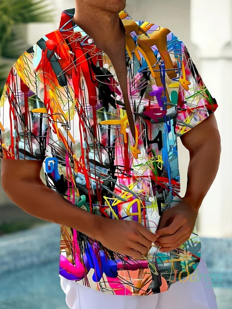 IO Menswear Men's Summer Casual Shirt Vibrant 3D Print Graffiti Art Short Sleeves Lapel Button-Up Top Stylish Streetwear Colorful Shirt Man