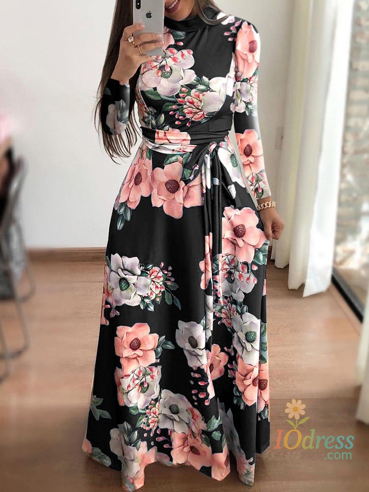 IO Dress Women's Slim Dresses Casual Long Sleeve Round Neck Flower Printed Dress Strap Floor-Length Long Skirt Women's Clothing