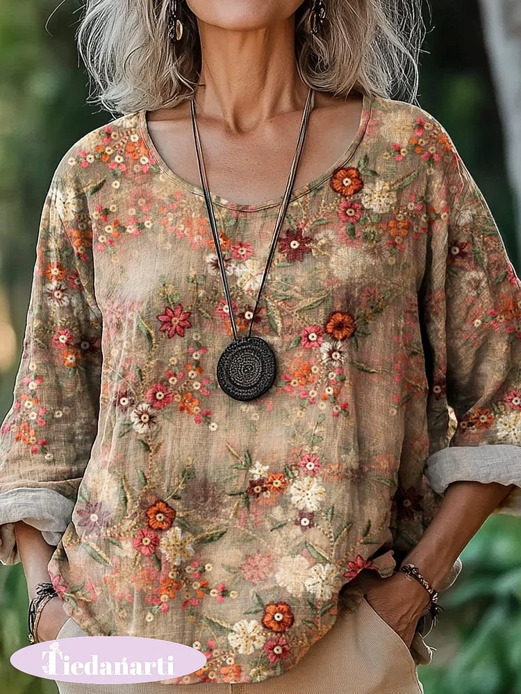 Women's Vintage Lovely Floral Art Print Casual Cotton And Linen Shirt