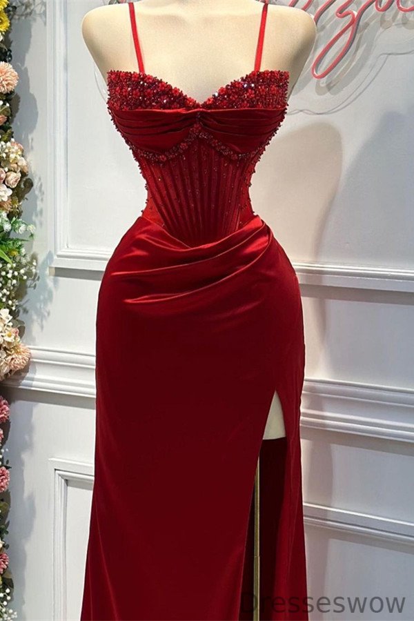 Dresseswow Red Spaghetti-Straps Sweetheart Formal Dresses Mermaid With Beadings