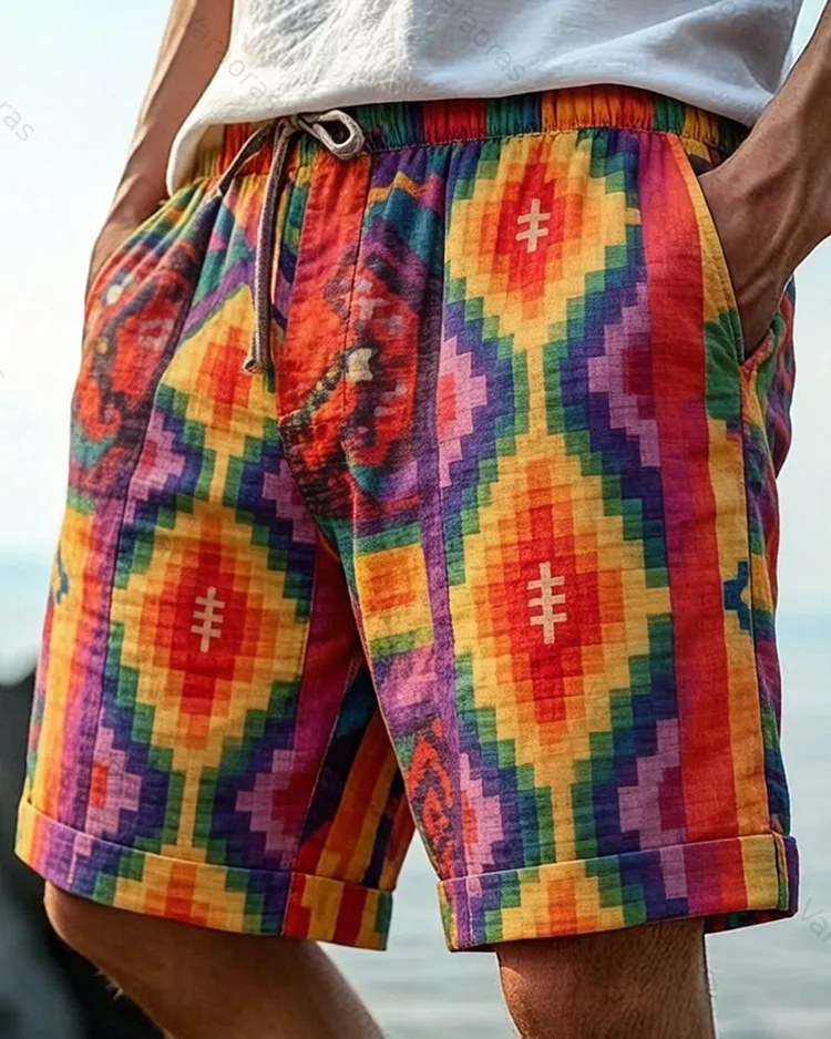 Men's Music Festival-Themed Colorful Diamond-Print Shorts 2195